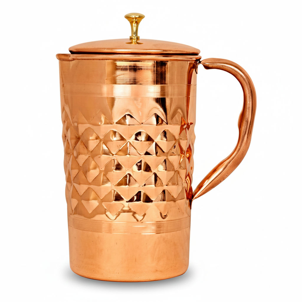 Pure copper diamond hammered jug with brass knob on lid halfdiamond